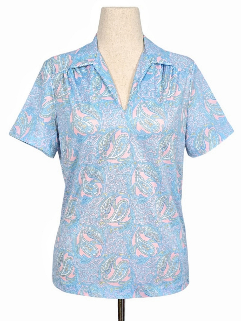 1980s Vintage Shirt 80s Blouse Paisley Blue Short Sleeve Top Medium Large M/L